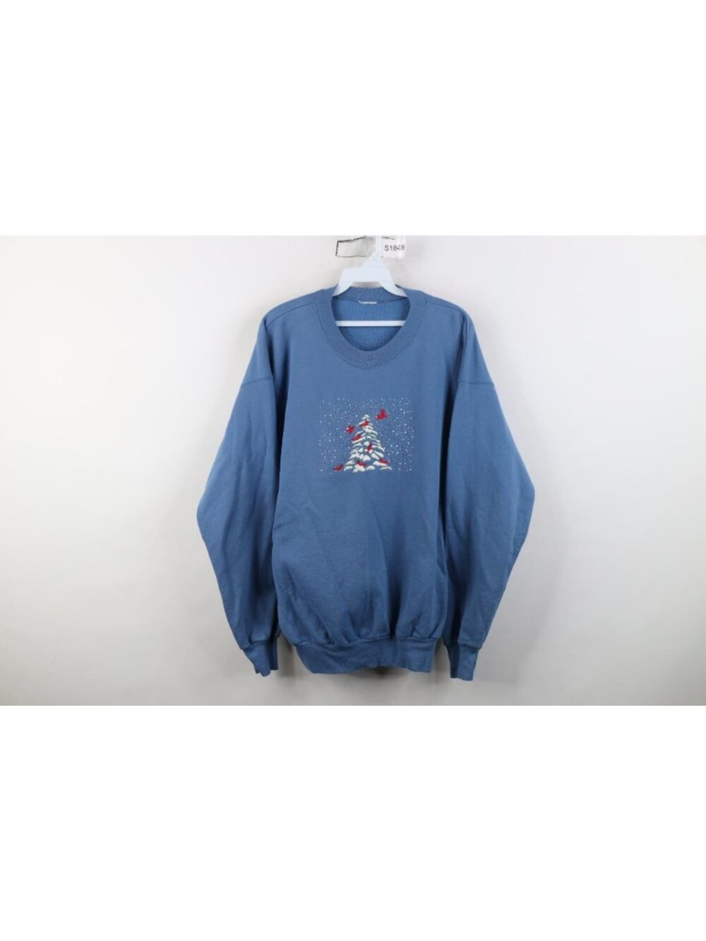 Vtg 90s Womens XL Faded Christmas Tree Snow Cardinal Bird Crewneck Sweatshirt